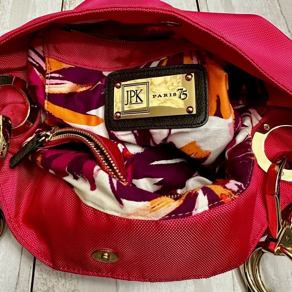 Bold Pink Large Durable Nylon Hobo Tote Bag Single Strap Everyday Multi Pockets